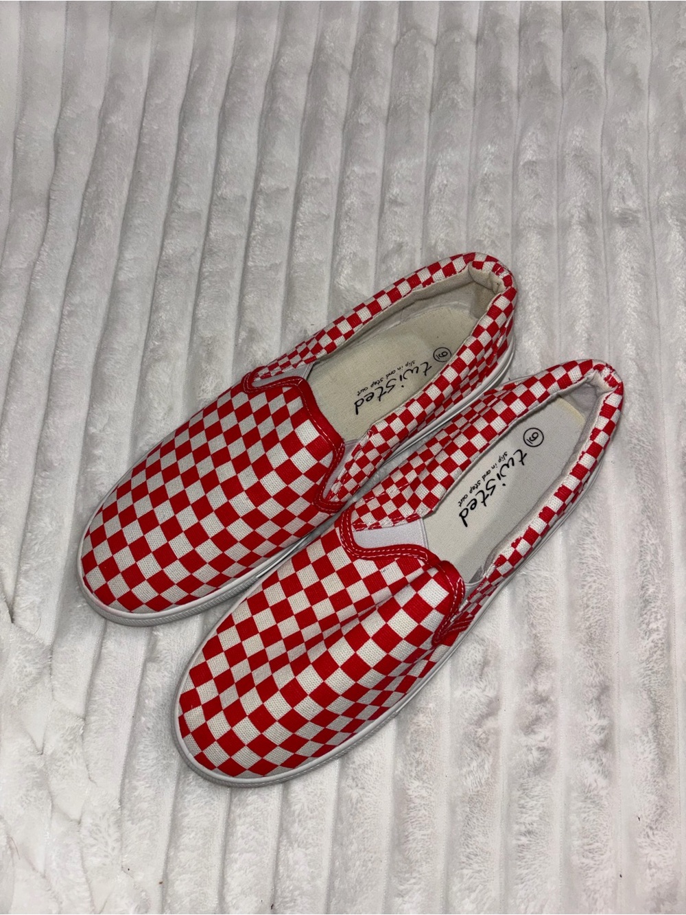 Twisted Red and White Checkered Slip-On Sneakers